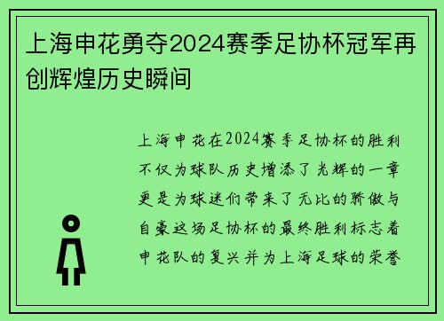 上海申花勇夺2024赛季足协杯冠军再创辉煌历史瞬间 上海申花勇夺2024赛季足协杯冠军再创辉煌历史瞬间